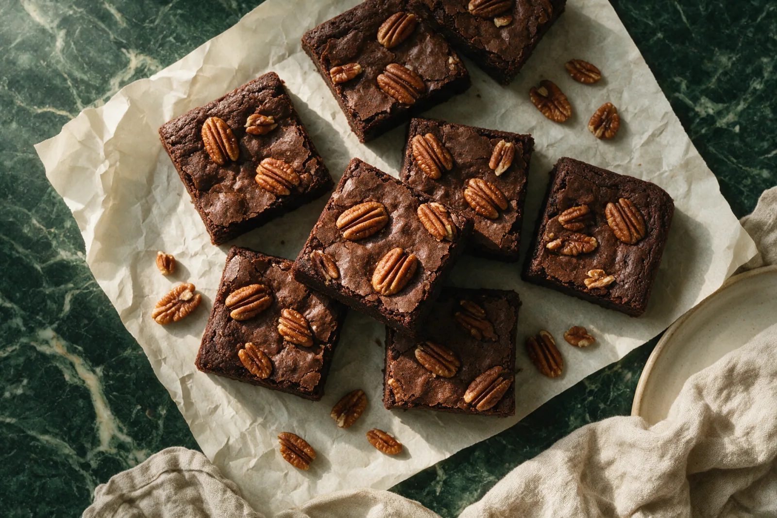 Sötét brownie kockák sütőpapíron, tetejükön pirított pekándióval