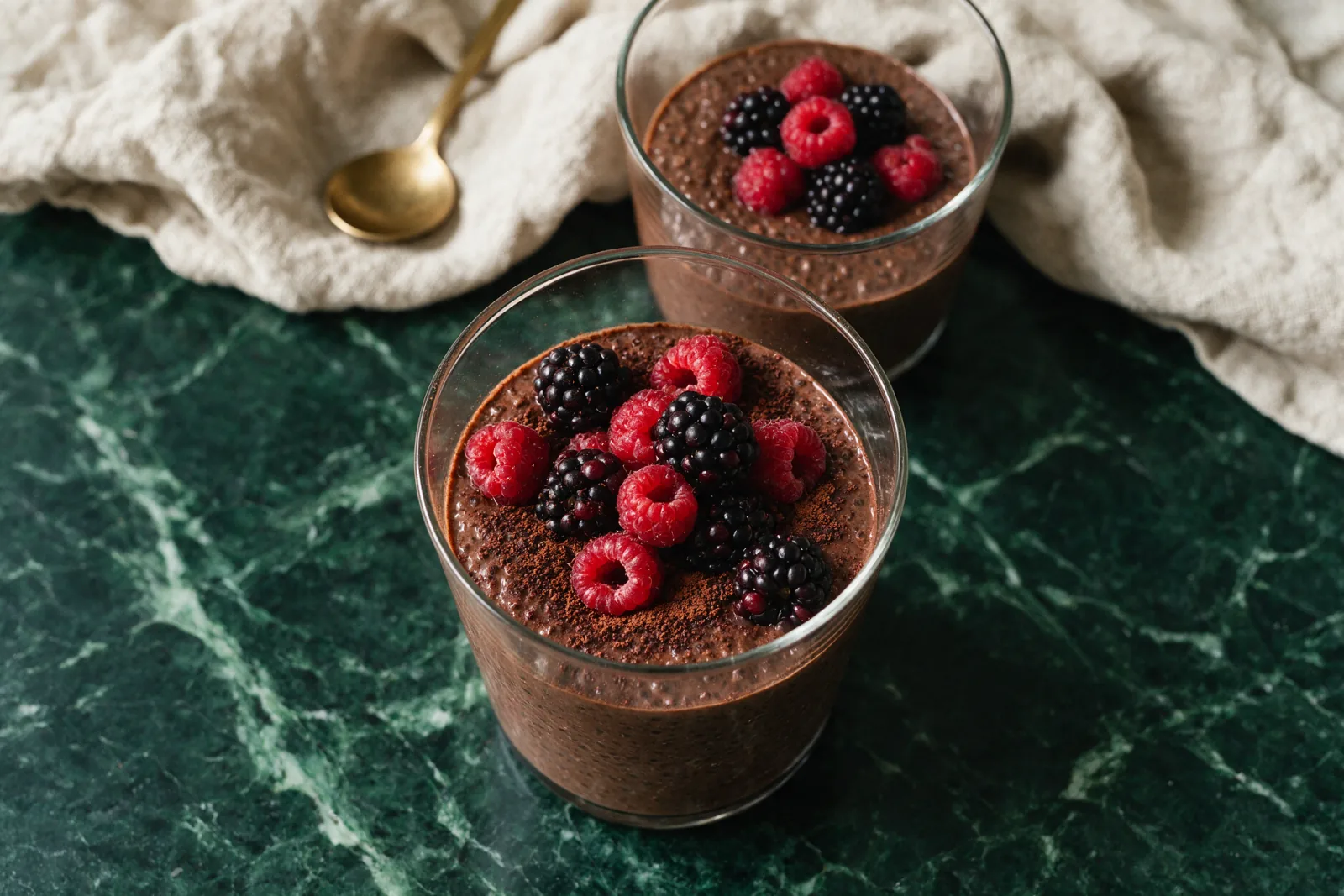 Sötétbarna chia puding üvegpohárban, tetején friss bogyós gyümölccsel