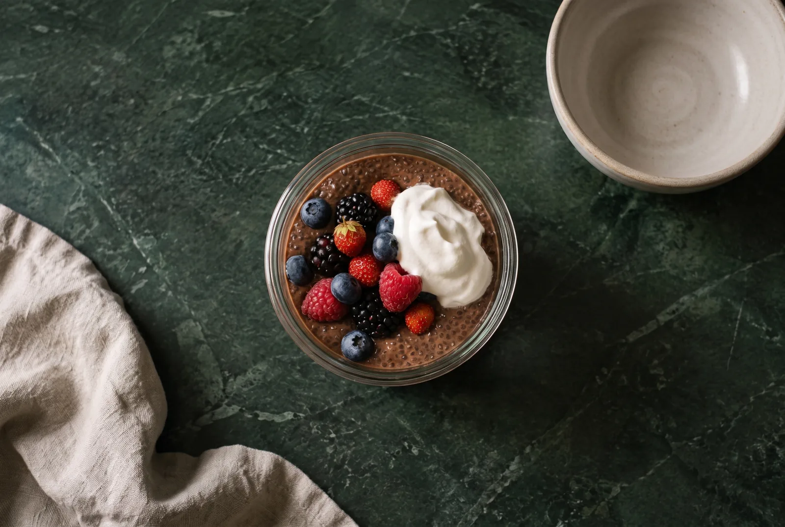 Kakaós chia puding pohárban, tetején erdei gyümölcsökkel és habbal
