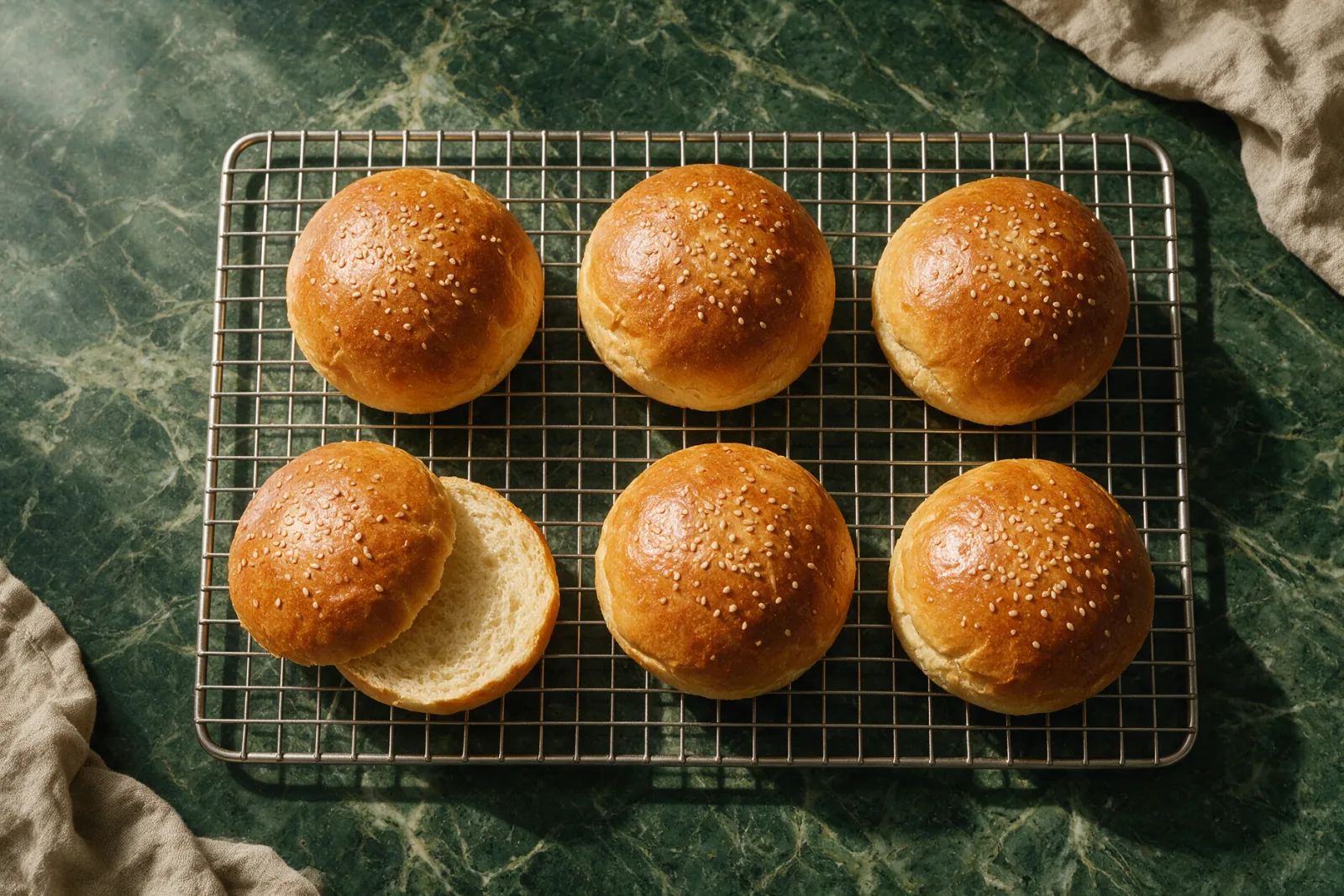 Aranybarna, szezámmaggal szórt hamburgerzsemlék rácson hűlnek
