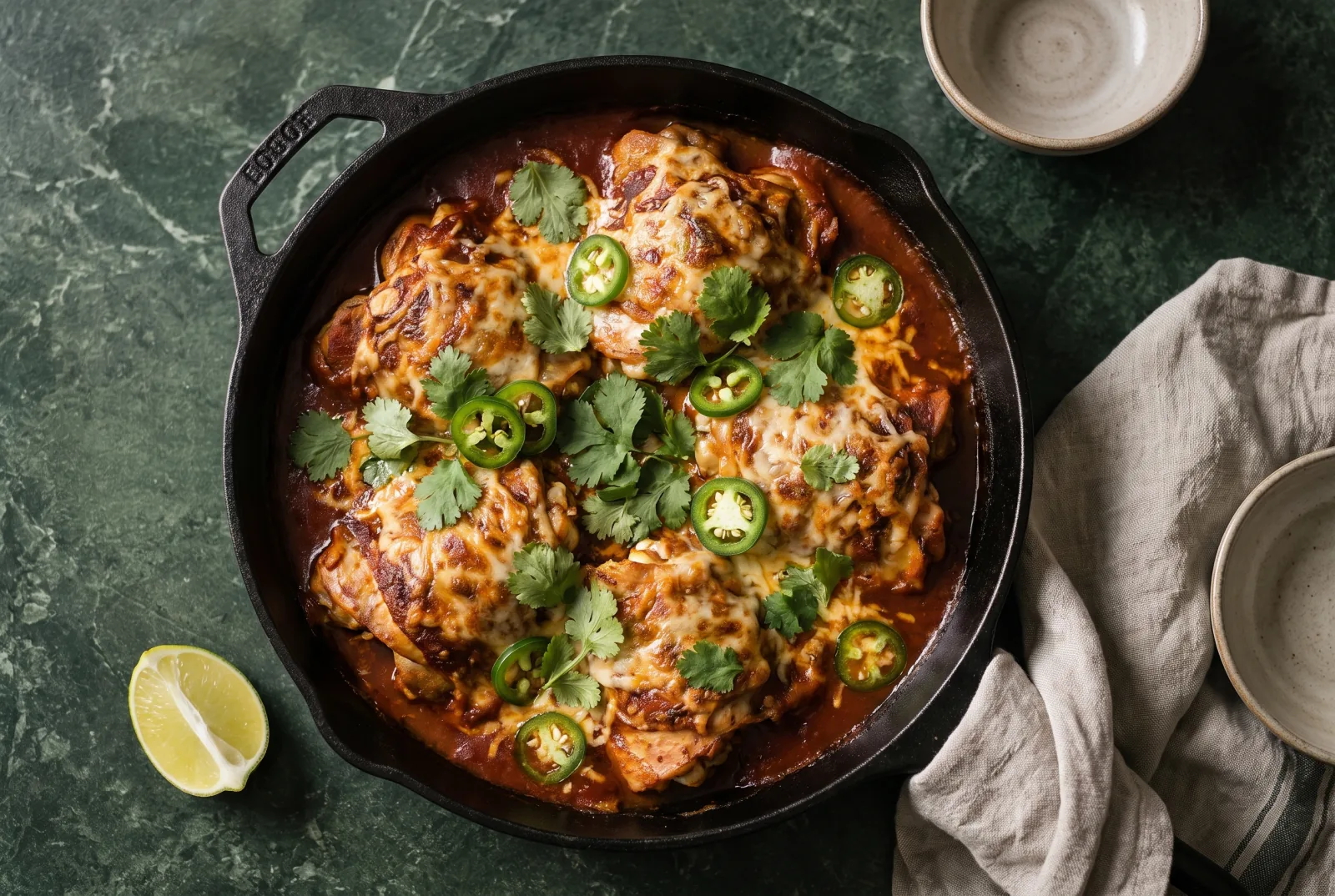 Öntöttvas serpenyőben sült csirkecombok vörös enchilada szószban, olvasztott sajttal, korianderrel és jalapeño karikákkal megszórva