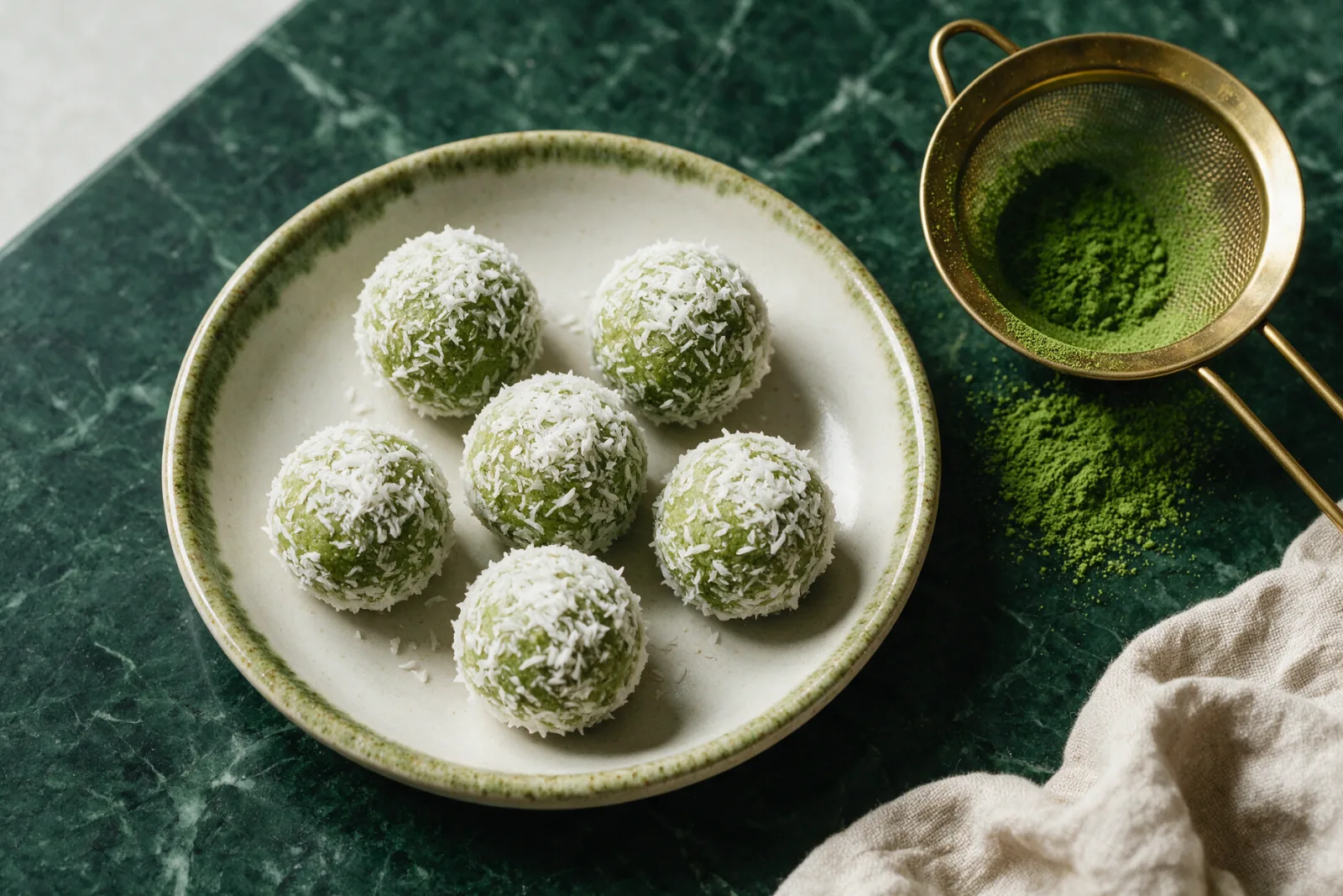 Zöld matcha golyók kókuszreszelékbe forgatva, egy kis tálon