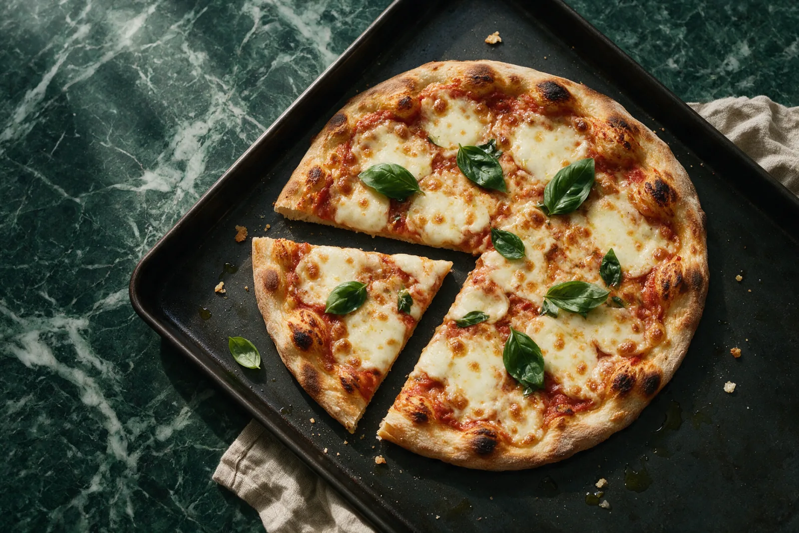 Frissen sült pizza sütőlemezen, olvadt sajttal a tetején