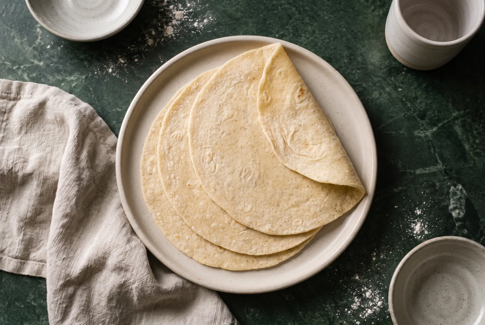 Négy vékony mandulalisztes tortilla egymáson egy tányéron