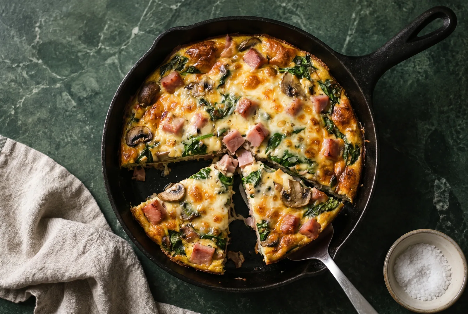 Sonkás, gombás, spenótos frittata egy serpenyőben, a tetején olvadt sajttal