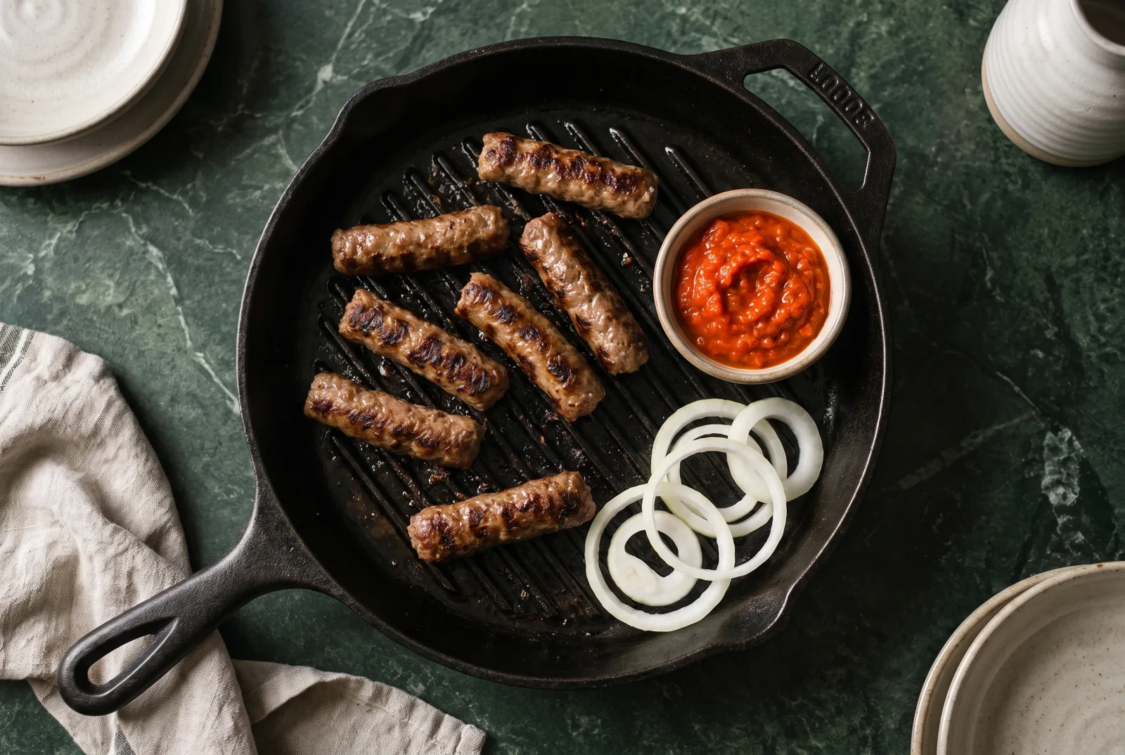 Grillrácson sülő, ujjnyi vastag darált húsos kolbászkák, mellett tálkában ajvár és friss hagymakarikák